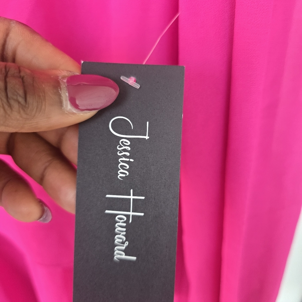 $109 Jessica Howard Shift Dress Sz 16 Plus Tiered Pink Chiffon Long Sleeves Date - Picture 5 of 16